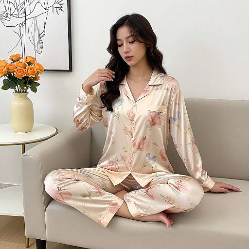 Woman in Floral Satin Pajamas