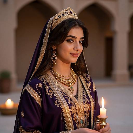 Photograph of a young South Asian woman in traditional black and gold embroidered outfit, holding a lit candle, with ornate jewelry, and a veil,