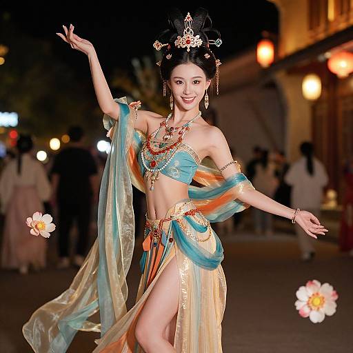 Photograph of an Asian woman in an elegant, colorful traditional dance costume with translucent sarong, adorned with jewelry and headpiece, performing on a dim