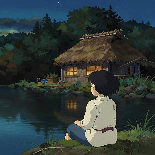 Anime-style drawing of a boy with black hair, white shirt, and brown belt, sitting by a tranquil lake at night, gazing at a lit
