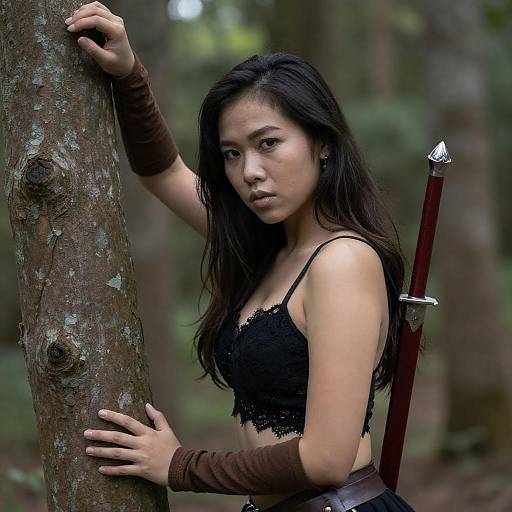 Intense Asian Woman in Forest