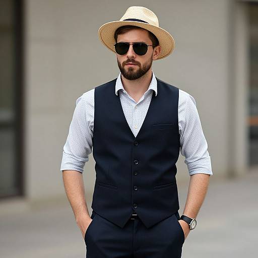 Photograph of a bearded man in a white shirt, black vest, black pants, straw hat, and dark sunglasses, standing confidently with hands in