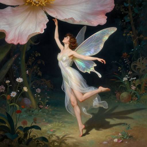 Digital painting of a fair-skinned fairy with iridescent wings, wearing a sheer white dress, dancing under a large pink flower in a mystical garden