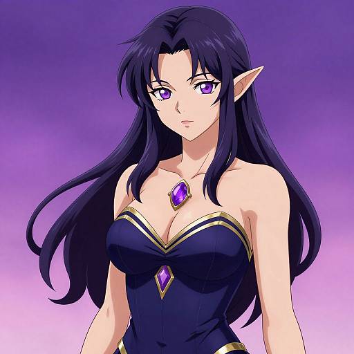 Digital anime-style drawing of a dark-haired, purple-eyed elf woman with pointed ears, wearing a black strapless dress with purple gemstones, against a