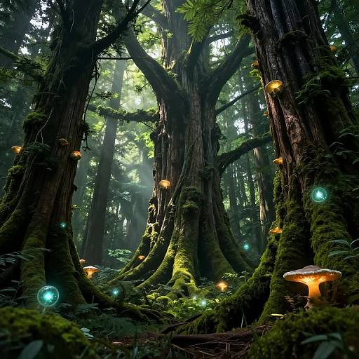 Mystical forest scene with glowing mushrooms, fireflies, and moss-covered giant trees illuminated by soft sunlight, creating an enchanting, magical atmosphere.