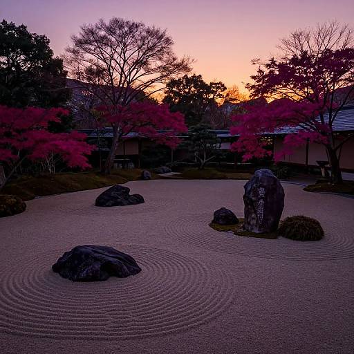 Photograph of a tranquil Japanese garden at sunset, featuring raked sand, dark rocks, vibrant pink cherry blossoms, and silhouetted trees