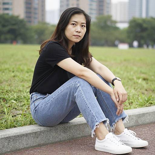 Young Asian woman with long black hair, wearing black t-shirt, light blue jeans, and white sneakers, sitting on grassy park edge.