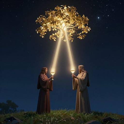 Photograph of two robed figures holding candles, illuminating a glowing golden tree against a starry night sky.