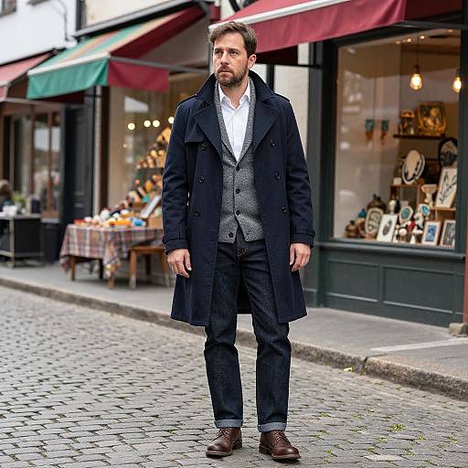 Photograph of a bearded man in a black coat, gray vest, white shirt, and dark pants, standing on a cobblestone street in