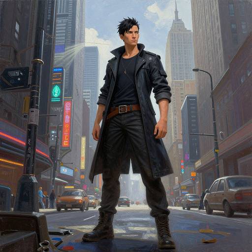 Digital artwork of a muscular, black-haired man in a long black coat, standing confidently in a bustling, neon-lit urban street.