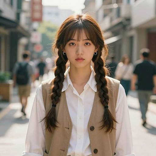 Young Asian Woman in Braids on Sunny Street