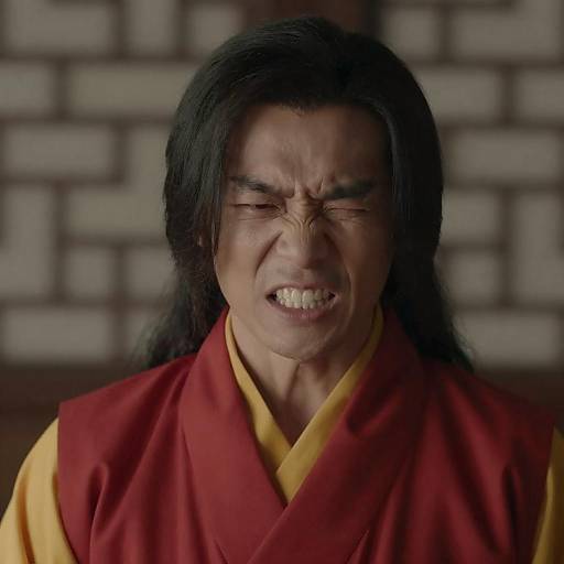 Intense Asian Man in Traditional Robe