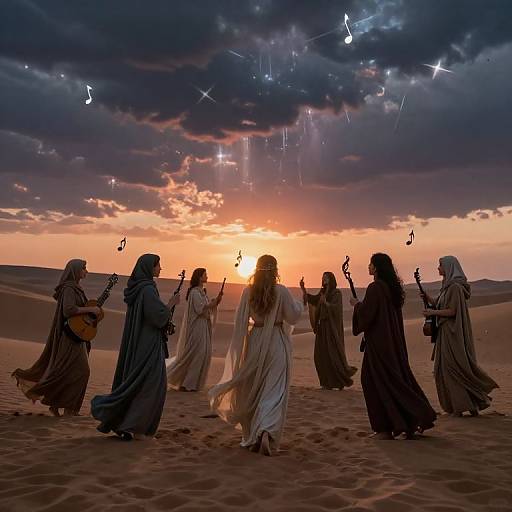 Silhouetted musicians in flowing robes play instruments under a starry, musical sky at sunset in a desert. Digital art.