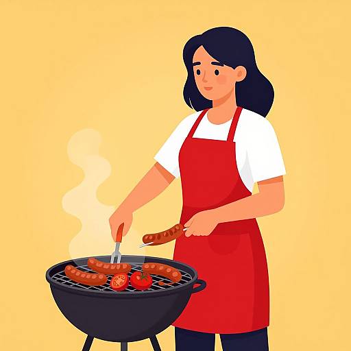 Digital illustration of a woman with black hair, wearing a red apron and white shirt, grilling sausages and bell peppers on a black grill