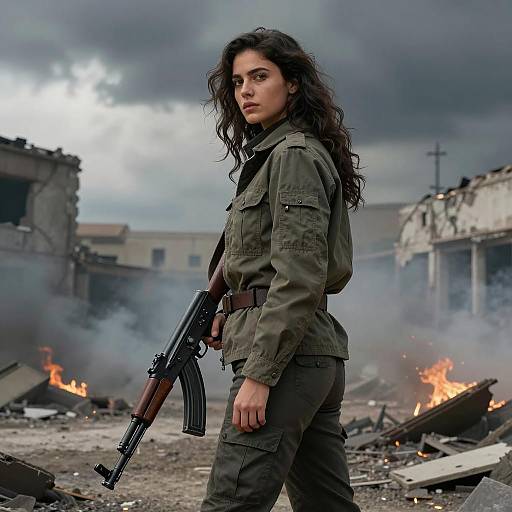 Cinematic Woman with AK-47 in Ruined City