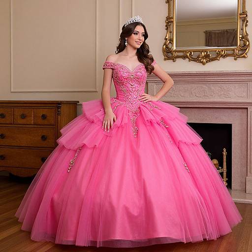 Photograph of a brunette woman with long curls, wearing a sparkling pink ball gown, tiara, in a luxurious room with wooden furniture and a mirror