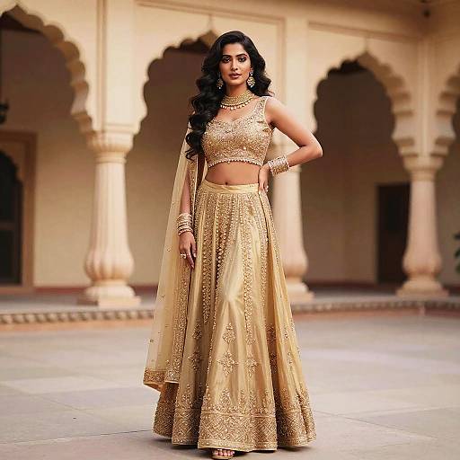 Photograph of a beautiful South Asian woman with dark hair, wearing an ornate gold traditional lehenga and crop top, standing in a sunlit,