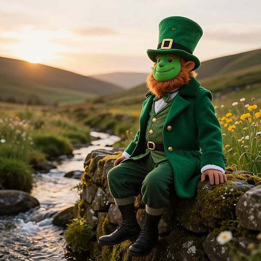 Photograph of a leprechaun with green face, red beard, top hat, green suit, sitting on a mossy rock by a flowing
