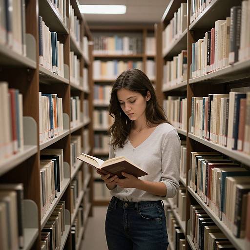 Photograph of a young woman with long brown hair, wearing a white long-sleeve top and blue jeans, reading a book in a narrow library