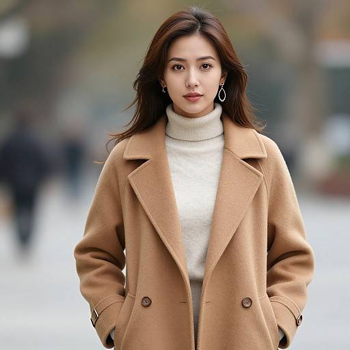 Photograph of an Asian woman with long dark hair, wearing a beige coat over a white turtleneck, standing outdoors, blurred background.