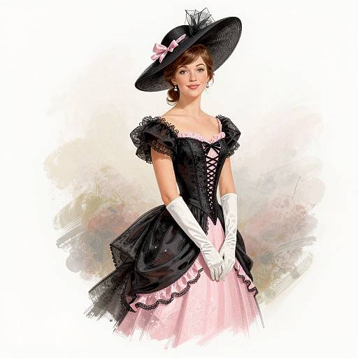 Digital illustration of a woman in a Victorian-style black dress with pink lace, white gloves, and a black hat with pink bow. She stands against a
