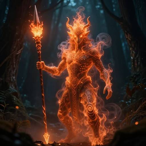 Digital fantasy artwork of a fire-enchanted, horned warrior with glowing tattoos, holding a flaming spear, standing in a dark, mystical forest.