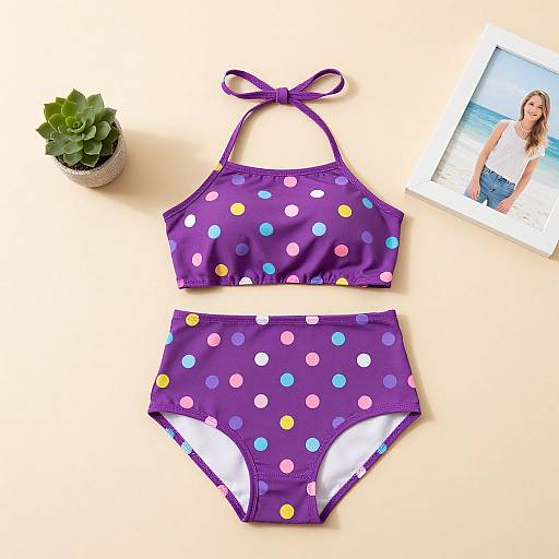 Photograph of a purple polka dot bikini set with colorful dots, halter top, and matching bottoms, beside a small potted succulent and