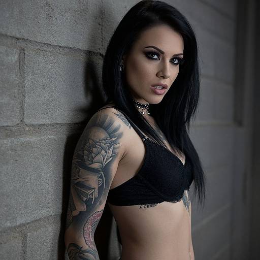 Edgy Tattooed Woman Against Brick Wall