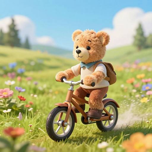 Photograph-style CGI of a cute, fluffy teddy bear riding a small brown bicycle through a vibrant, sunny meadow filled with colorful flowers.