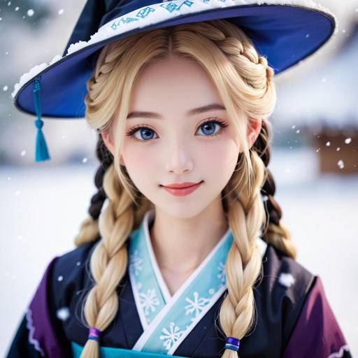Freckled Girl in Korean Hanbok with Hat