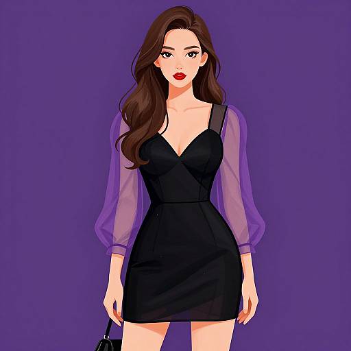 Digital illustration of a fair-skinned woman with long brown hair, red lips, wearing a black dress with sheer purple sleeves, against a solid purple background