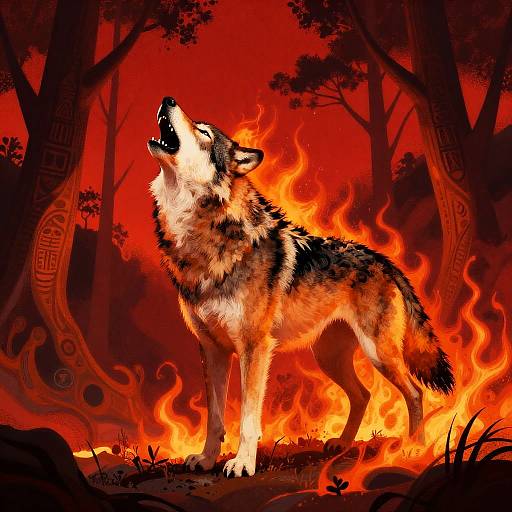 Surreal Wolf Flames Under Crimson Sky