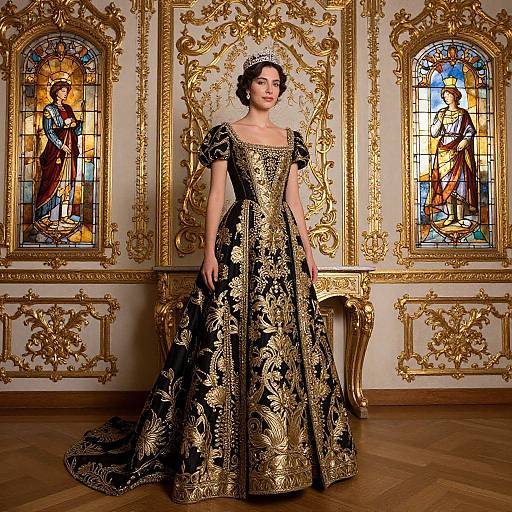 Photograph of a dark-haired woman in an elaborate black and gold baroque-style gown, standing in an ornately decorated room with two colorful stained glass