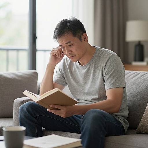 Photograph of an Asian man with short black hair, wearing a gray t-shirt and blue jeans, reading a book on a gray couch in a well