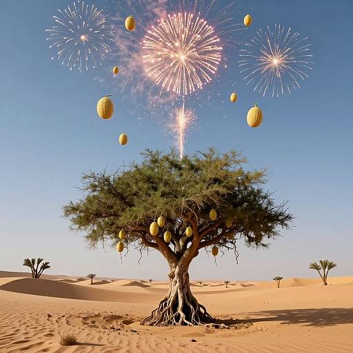 Photograph of a baobab tree in a desert, adorned with yellow fruits, under a vivid sky with colorful fireworks.