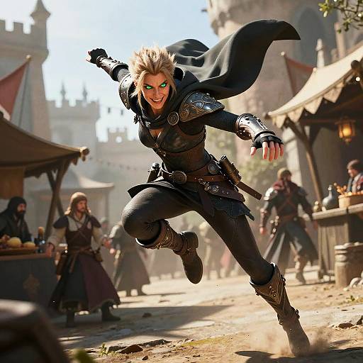 Digital illustration of a fierce, green-eyed, blonde female warrior in black armor, leaping through a medieval market street with vendors and blurred background.