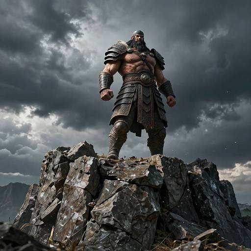 Photorealistic CGI of a muscular, armored barbarian with a helmet, standing defiantly on a rocky peak under a stormy sky.