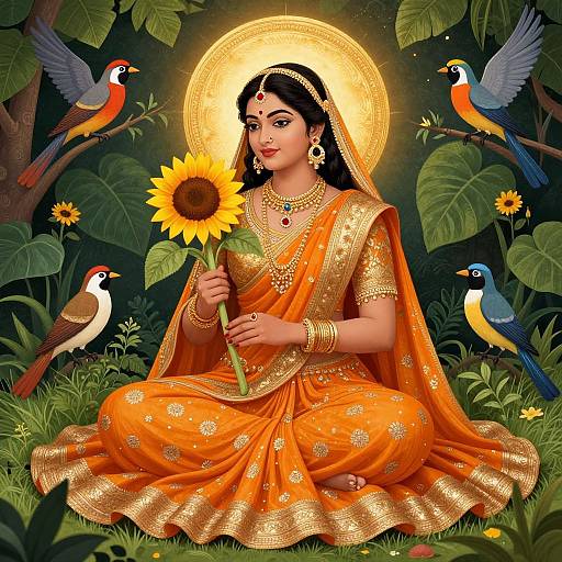 Radiant Indian Miniature with Sunflowers