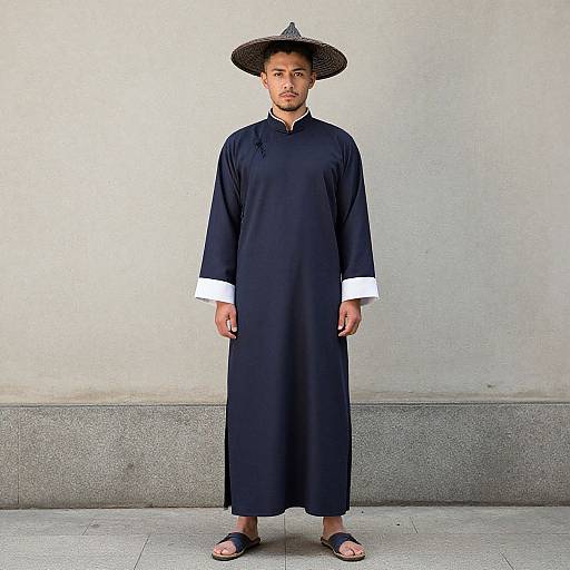 Photograph of a man with light skin, short black hair, wearing a black traditional Korean hanbok with white cuffs and a wide-brimmed