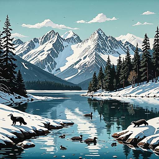 Winter Alpine Lake with Wildlife Illustration