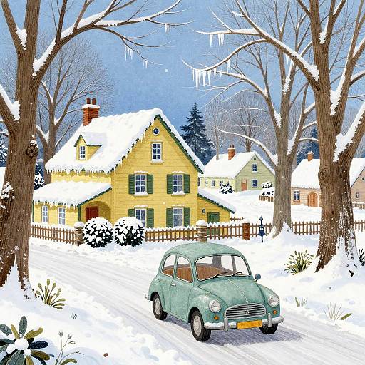 Vintage green car parked in front of a snow-covered yellow house with bare trees, icicles, and a wooden fence in a winter landscape. Digital illustration
