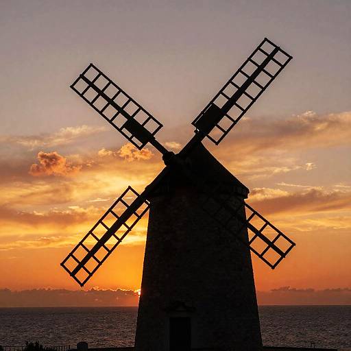 Silhouetted Windmill at Vibrant Sunset