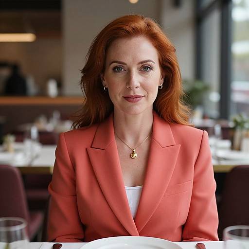 Photorealistic Woman in Pastel Red Suit