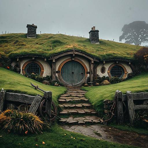 Foggy Hobbit Hole in Grassy Hill