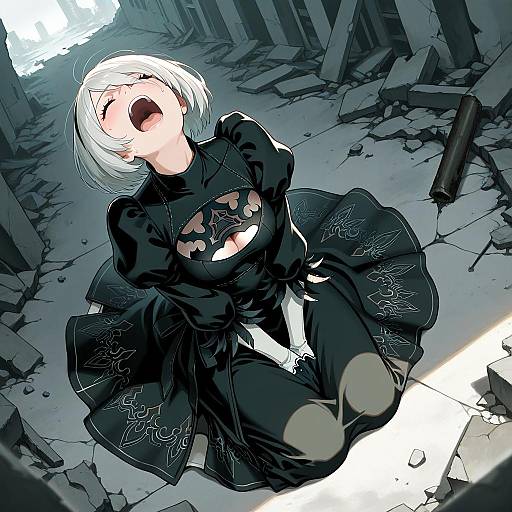 Emotional 2B in Ruined Cityscape