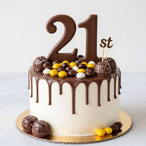 Photograph of a chocolate-dipped white birthday cake with 