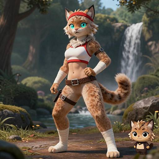 Anthropomorphic Bobcat Warrior in Forest Setting