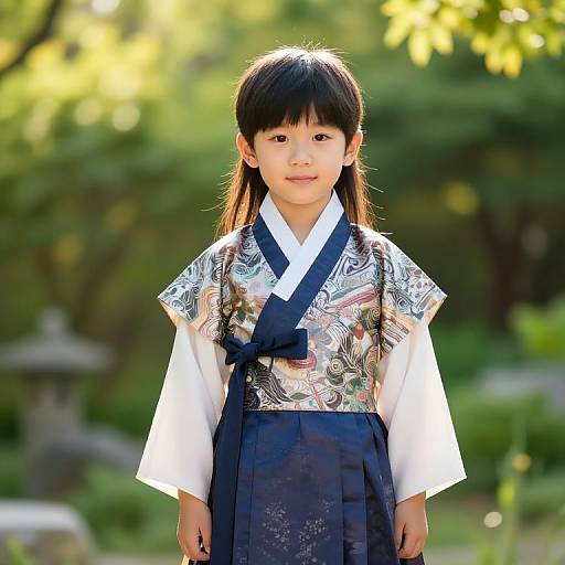 Photograph of an Asian girl with long black hair, wearing a traditional Japanese kimono with intricate silver patterns, standing in a sunlit garden.