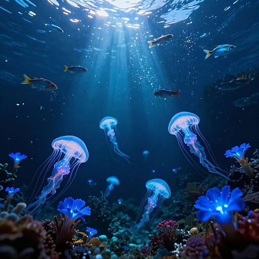 Photograph of a vibrant underwater scene with glowing blue jellyfish, colorful coral, and various fish swimming in sunlight-dappled, deep blue water.