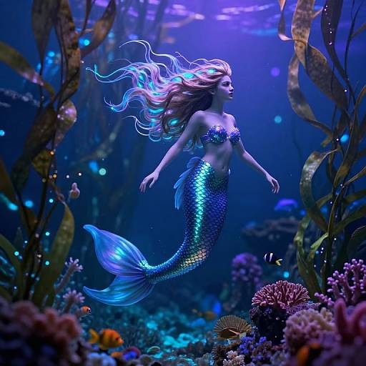 Digital artwork of a glowing blue mermaid with flowing hair, surrounded by vibrant underwater plants and colorful coral, illuminated by purple and blue lights.